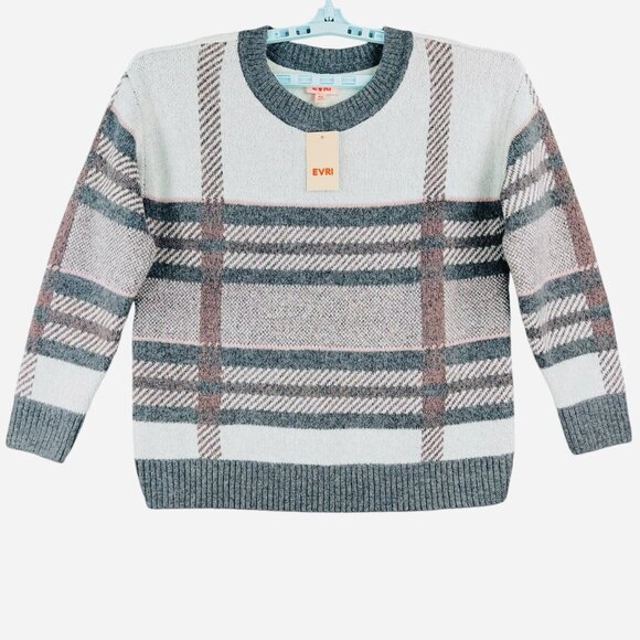 EVRI Women's Gray Pink Plaid Metallic Thread Pullover Sweater Size 0X= 14-16 NWT - Picture 1 of 9